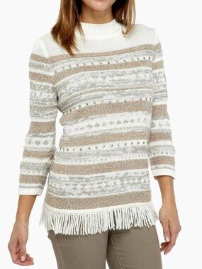 Alfred Dunner Eskimo Kiss Metallic Fringe Sweater M Winter Glam Quiet Luxury